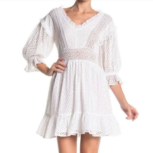 LOVE SAM VIVIENNE EYELET EMBROIDERY MINI WHITE DRESS sz L - Picture 1 of 9